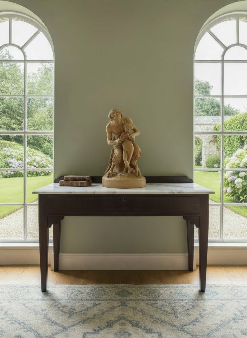 Classical decorative sculpture displayed on a dark wooden console table between tall arched windows overlooking a landscaped garden, illustrating Shackleton Fox's sourcing of decorative antiques, folk art, sculptures and distinctive objects for country house interiors.