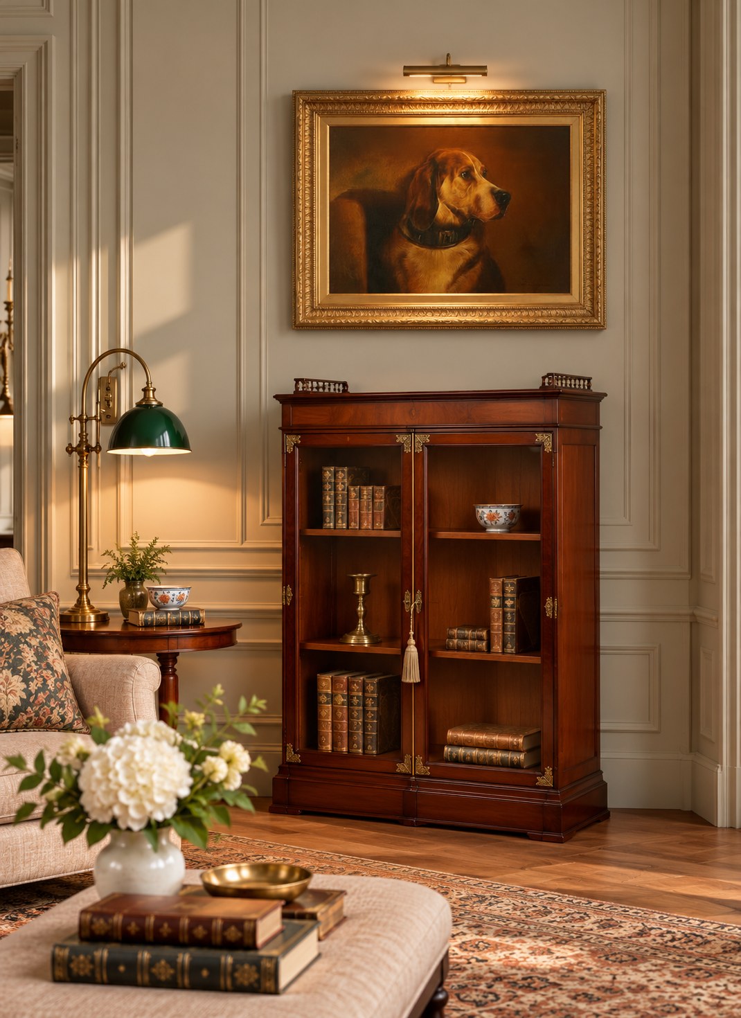 Elegant country house living room showcasing recently acquired antiques from Shackleton Fox, including a mahogany glazed bookcase cabinet with decorative brass mounts, a large gilt-framed antique oil painting of a brown hound after Sir Edwin Landseer, and a brass adjustable table lamp with a green glass shade. The antiques are arranged against traditional cream panelled walls, alongside upholstered seating, leather-bound books, decorative ceramics, fresh flowers and a patterned Persian-style rug, creating a warm and refined period interior.