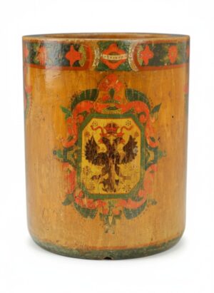 Early Russian Polychrome-Painted Treen Vessel with Portrait of a Tsar and Double-Headed Eagle