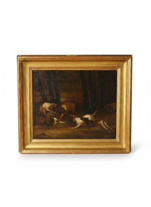 19th Century Sporting Oil Painting – Hounds Attacking a Wolf in a Woodland
