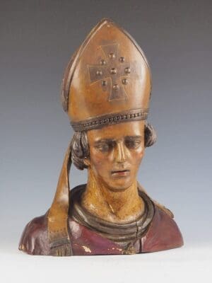 18th Century Polychrome Carved Head of a Bishop