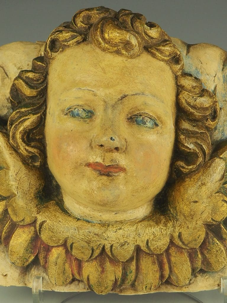 18th Century Carved Wood Panel - Polychrome Head Of Cherub - Putto