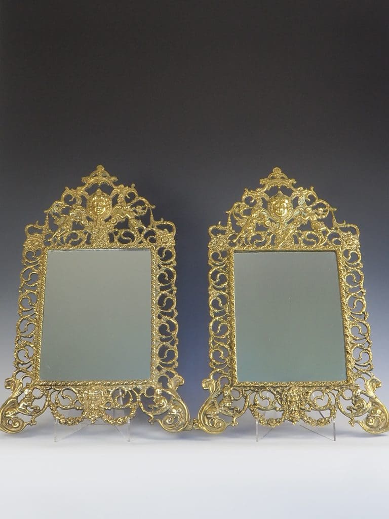 Antique French Rococo Brass Wall Mirrors (Pair)