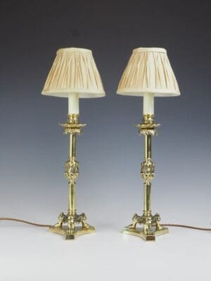 19th Century Pair of Elegant Brass Candlestick Lamps On Tri-form Lion Claws Feet