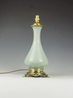 Antique French Opaline Celadon and Bronze Table Lamp