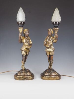 Pair of Antique 19th Century Venetian Polychrome Blackamoor Table Lamps