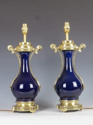 Antique Pair of Royal Blue French Neoclassical Porcelain Table Lamps