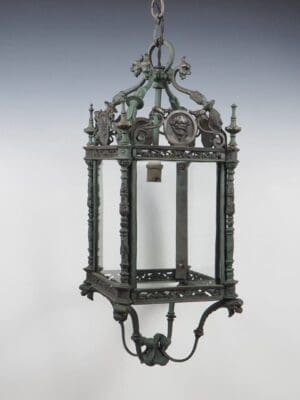 English Grand Antique Bronze Hall Lantern with Verdigris