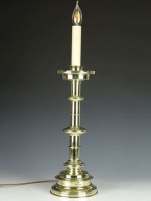 English Antique Pierced Gothic Castellated Candlestick Table Lamp