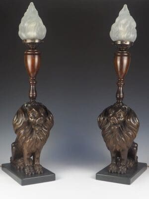 19th Century Carved Oak Lion Table Lamps