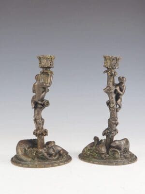 A Pair of 19th Century Bronze Zoomorphic Candlesticks