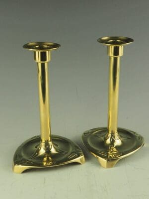 Art Nouveau Brass Candle Holders Stamped Geschutzt I Set of 2