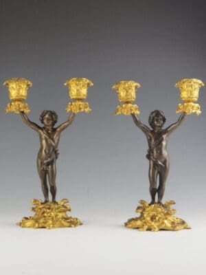 Pair of 19th Century Bronze and Ormolu Twin-Light Cherub Candelabra