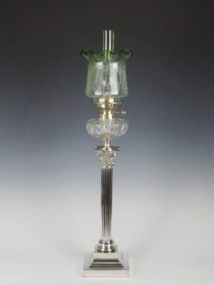 Victorian Silver Plated Oil Lamp with Original Etched Green Shade