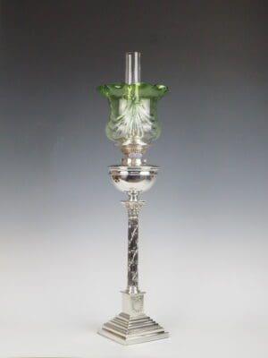 Sterling Silver Corinthian Column Oil Lamp with Original Green Glass Shade