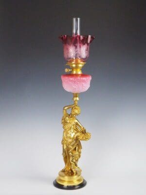 Antique Carrier-Beluese Gilt Bronze Lady Oil Lamp Signed