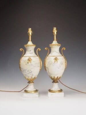 Antique Pair of French Louis XVI Style White Marble Cassolettes Table Lamps