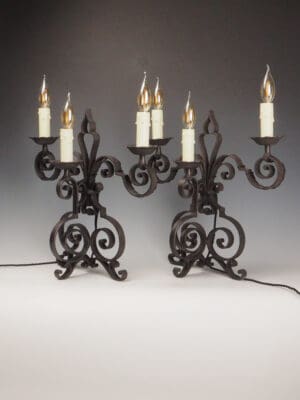 Pair of Antique French Wrought Iron Mantel or Sideboard Lamps – Triple Light Design