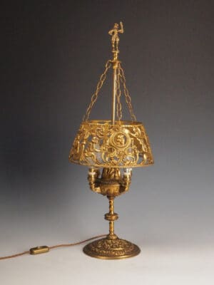 Antique 19th Century Dutch Bouillotte-Style Table Lamp with Suspended Shade