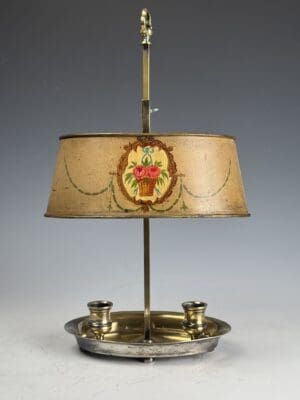 Antique 19th Century Bouilotte Twin Candle Holder with Hand Painted Tole Shade
