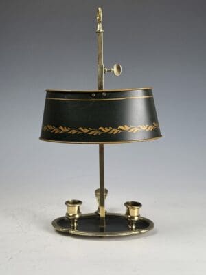 Antique 19th Century Bouilotte Twin Candle Holder with Green Tole Shade