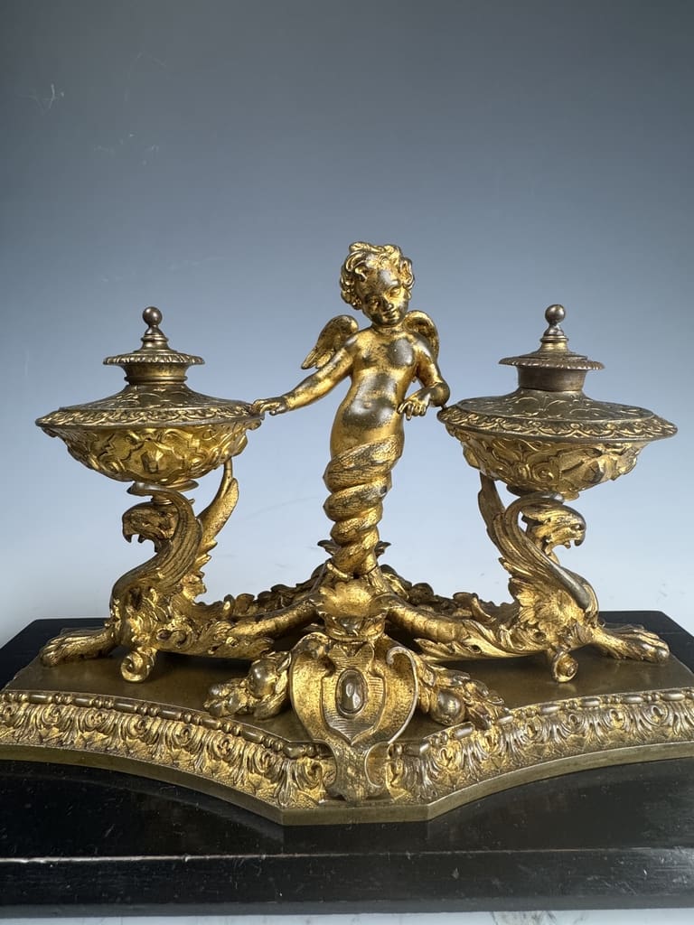 Antique Gilt Bronze & Ebony Inkstand &ndash; 19th Century Desk Accessory