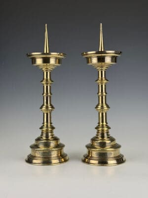 Antique Pair of 18th Century Flemish Brass Pricket Candle Holders