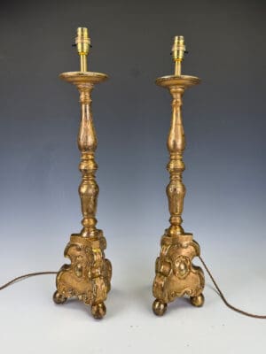 Antique Baroque Giltwood Pair of Candlestick Table Lamps