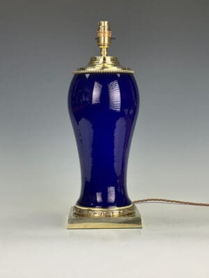 19th Century Colbot Ceramic Lamp (Converted from Oil Lamp) – Cobalt Blue & Gilded Brass