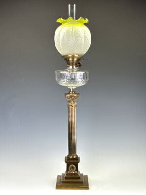 Antique Neoclassical Corinthian Column Oil Lamp by Hinks Emley & Sons