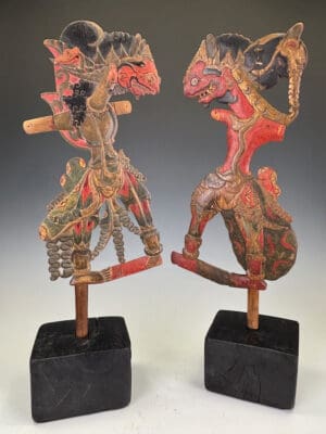 Pair of Antique Javanese Wayang Golek Shadow Puppets on Stands, Early 20th Century