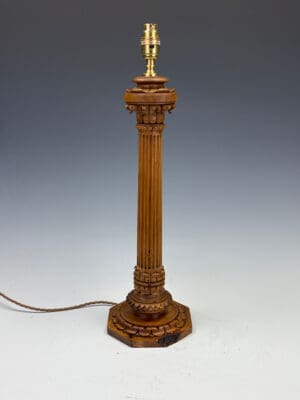 Antique Carved Oak Corinthian Column Table Lamp c.1920 – Neoclassical Revival Lighting