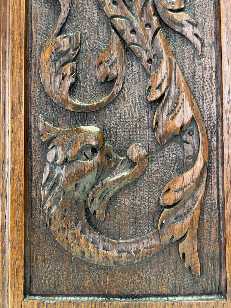 Pair of 18th-Century English Carved Oak Panels with Mystic Dolphins
