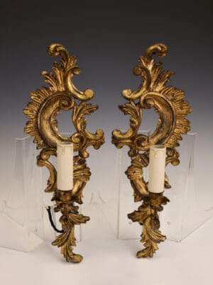 Grand Pair of Antique Giltwood Rococo Wall Sconces (Early 20th C.)