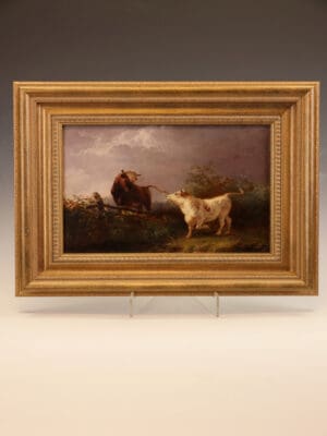 Henry Park (1816–1871): "Two Bulls in a Field," Victorian Oil on Canvas, Dated 1857