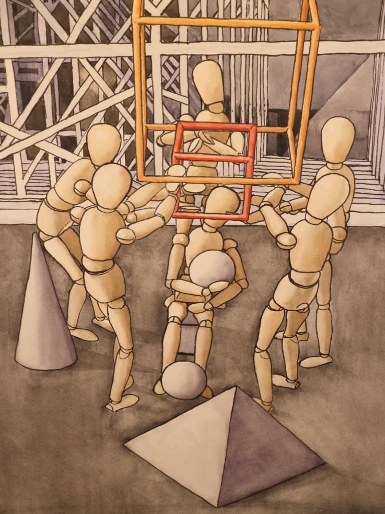 Derek Carruthers (1935&ndash;2021) &ndash; Construction Scene with Mannequin Figures &ndash; Original Watercolour, 1997