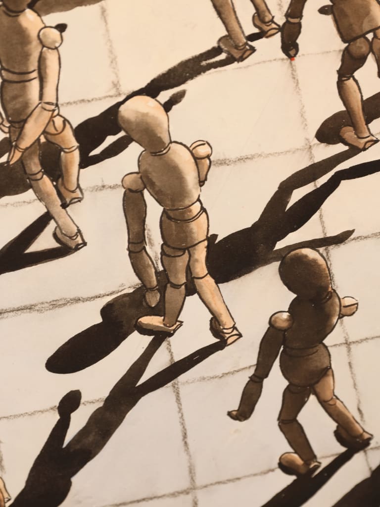 Derek Carruthers (1935&ndash;2021) &ndash; Untitled (Procession of Mannequin Figures) &ndash; Original Watercolour, Signed and Dated January 1997