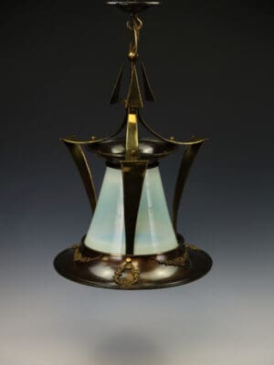 British Arts & Crafts Pendant Light with Original Vaseline Globe