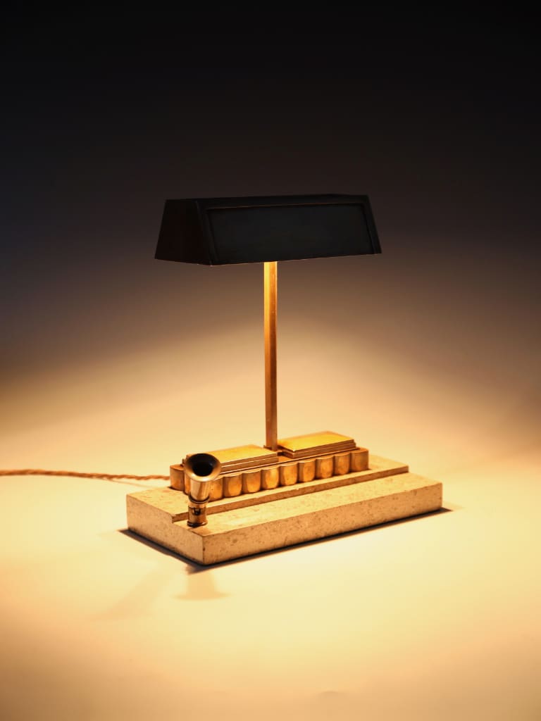 An Original Art Deco Bronze Desk Lamp with Fossiliferous Limestone Base