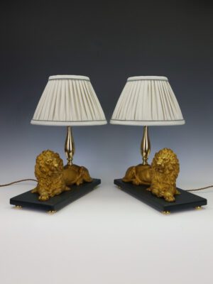 Magnificent Pair of Gilt Bronze Lion Table Lamps by Henri Picard