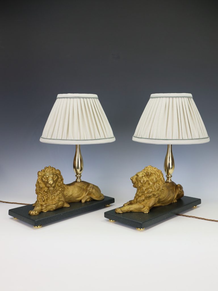 Magnificent Pair of Gilt Bronze Lion Table Lamps by Henri Picard