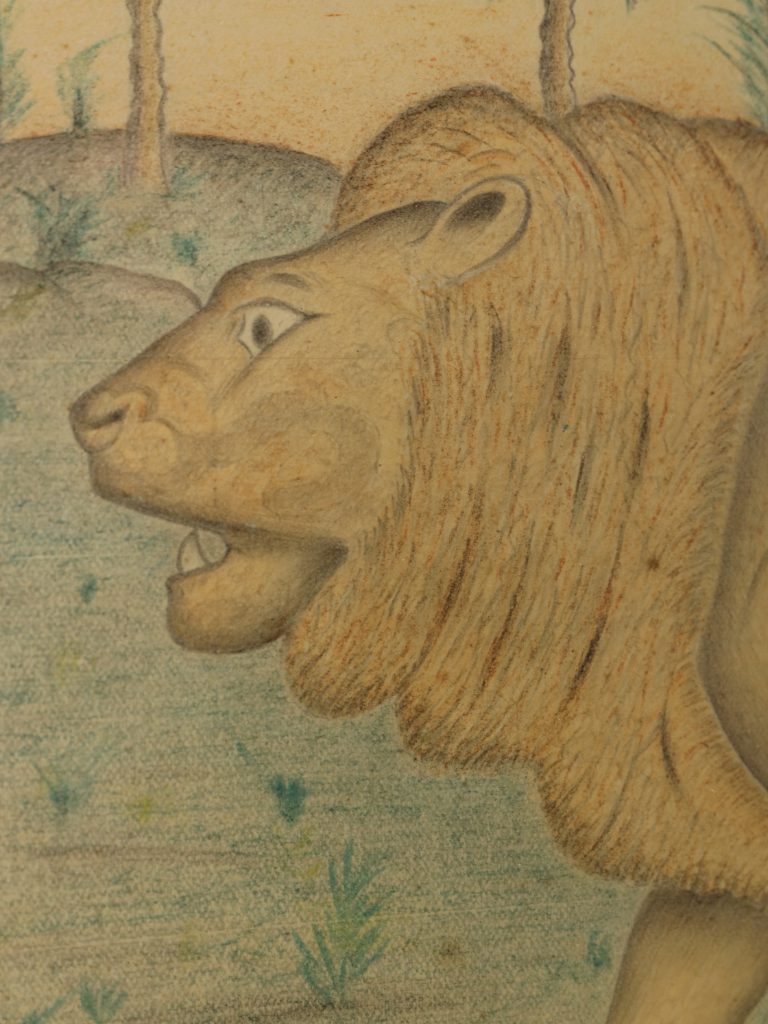 Fine 19th Century French Orientalist Colored Pencil Study of a Lion in a Palm Jungle