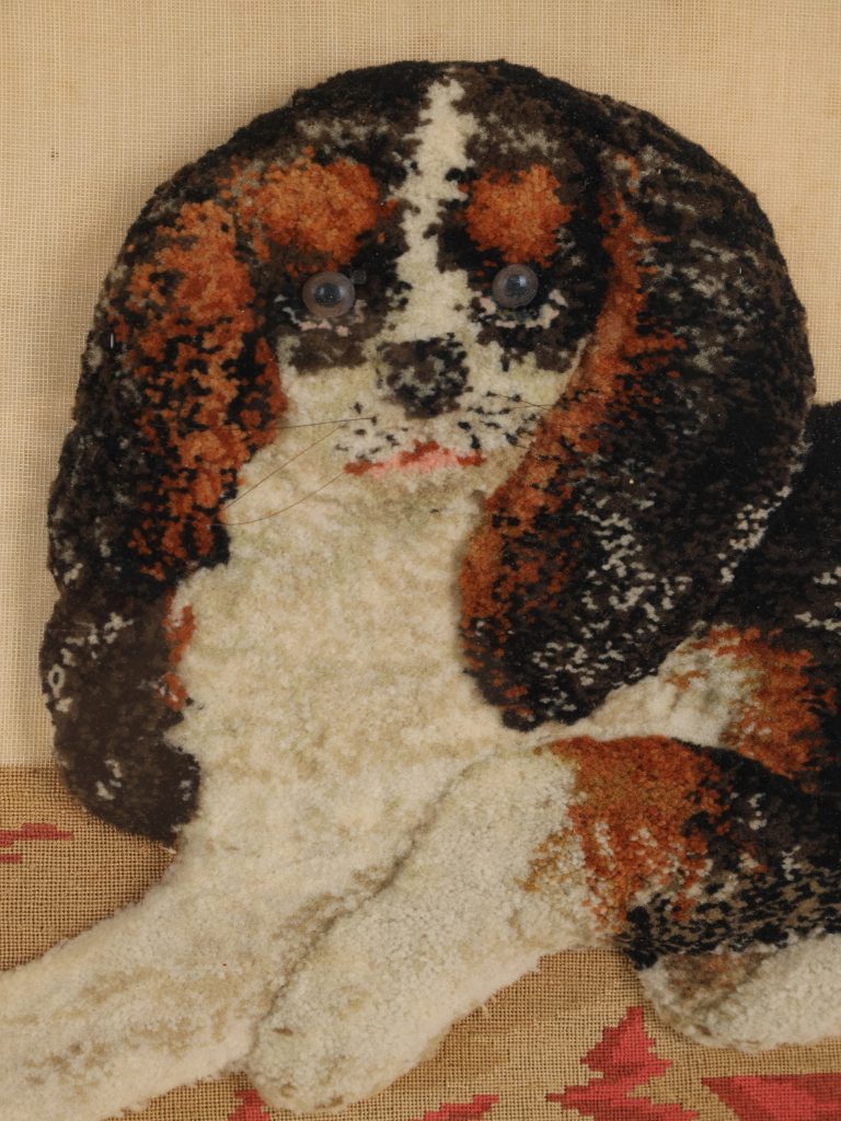 Large Framed 19th Century Folk Art Woolwork of a King Charles Spaniel on a Cushion