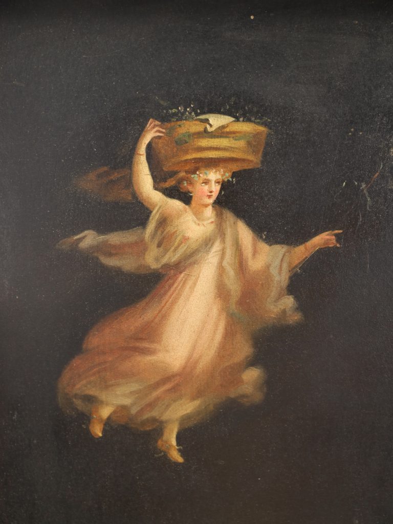 19th Century Neoclassical Oil Painting of Dancing Nymphs, Gilt Greek Key Frame