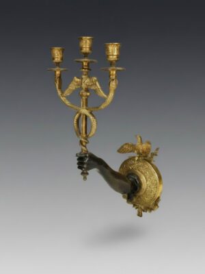French Empire Ormolu & Patinated Bronze 3-Light Wall Sconce, Arm Holding Caduceus