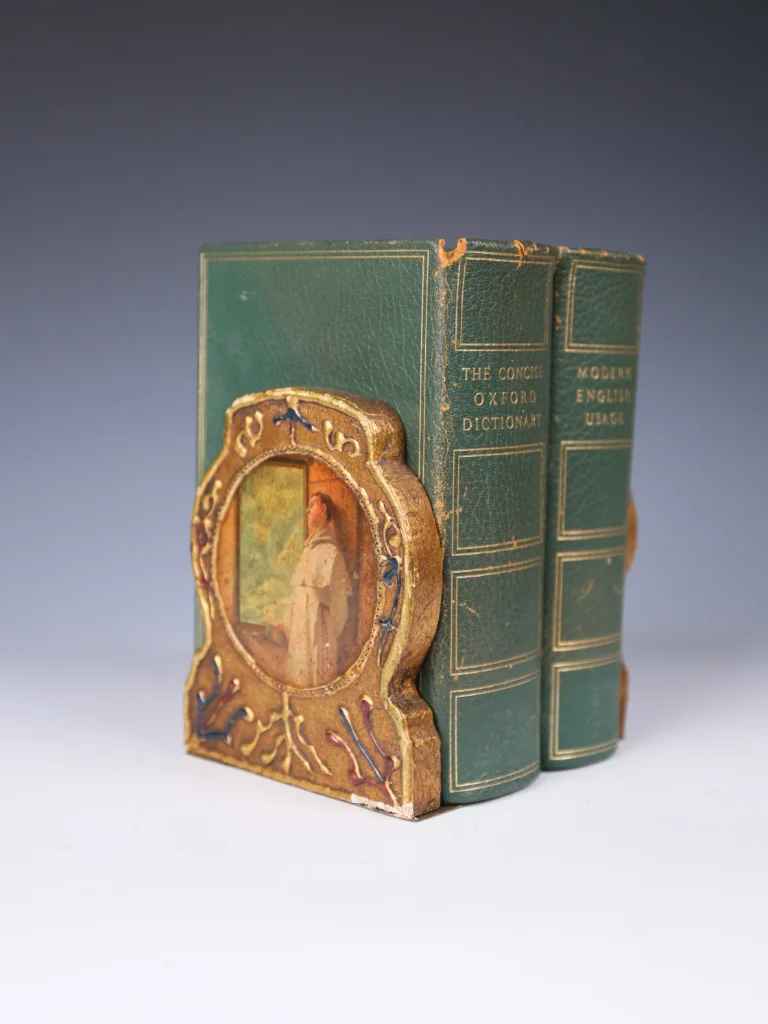 Pair of Art Nouveau Religious Bookends with Hand-Coloured Prints, Circa 1900