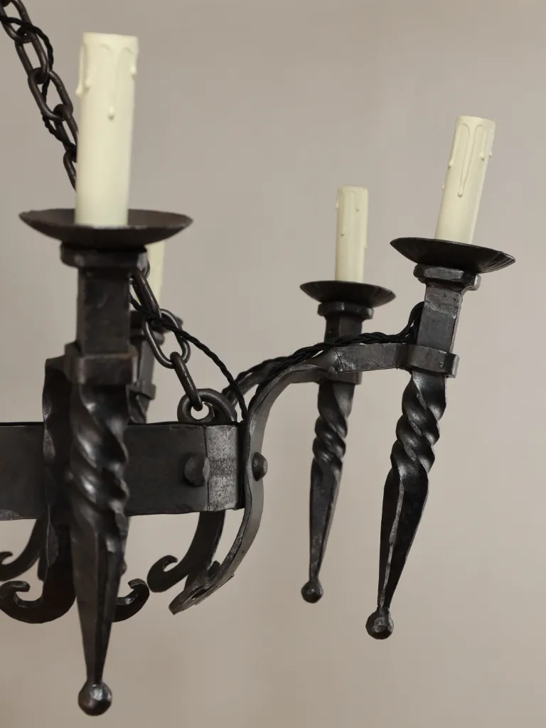 Large Hand-Forged Wrought Iron Eight-Light Chandelier, c.1920&ndash;1940