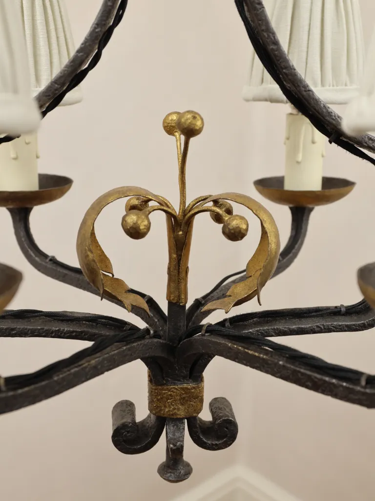 French Hand-Forged Wrought Iron & Gilt Four-Light Chandelier, c.1900