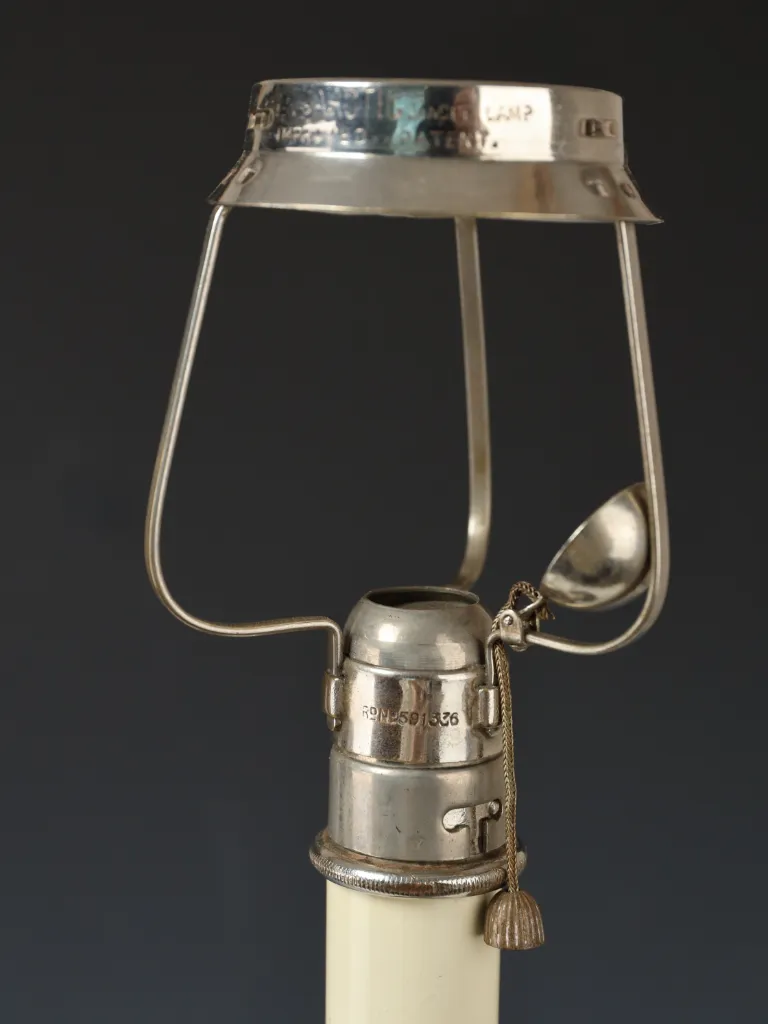 Pair of Monumental English Painted Wood Candle Lamps with Silver-Plated Shades, c.1900
