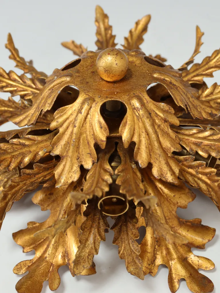 Mid-Century Italian Florentine Gilt Tole Six-Light Flush Mount Ceiling Light, c.1960